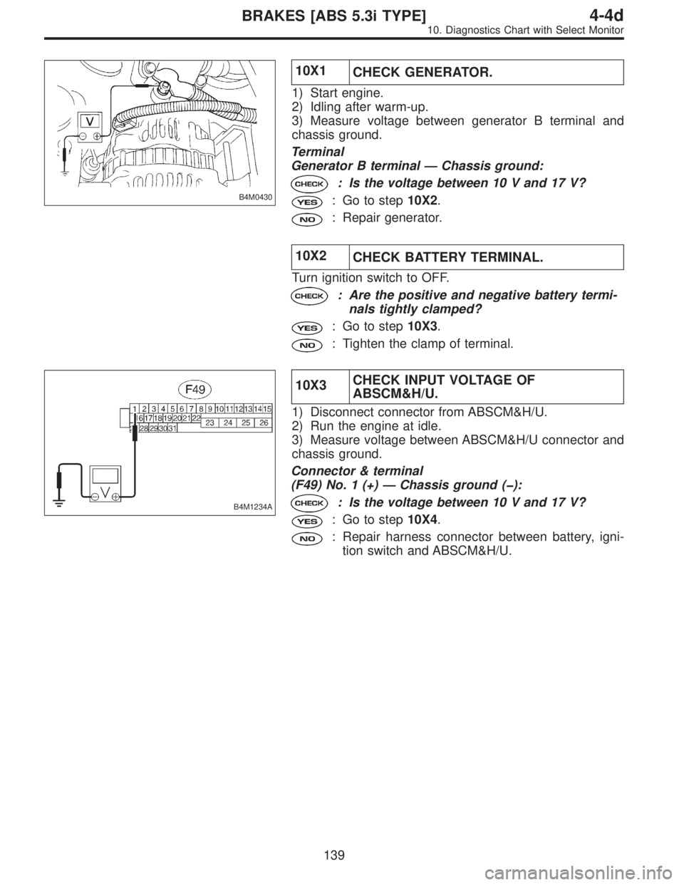 SUBARU LEGACY 1997  Service Repair Manual B4M0430
10X1
CHECK GENERATOR.
1) Start engine.
2) Idling after warm-up.
3) Measure voltage between generator B terminal and
chassis ground.
Terminal
Generator B terminal—Chassis ground:
: Is the vol