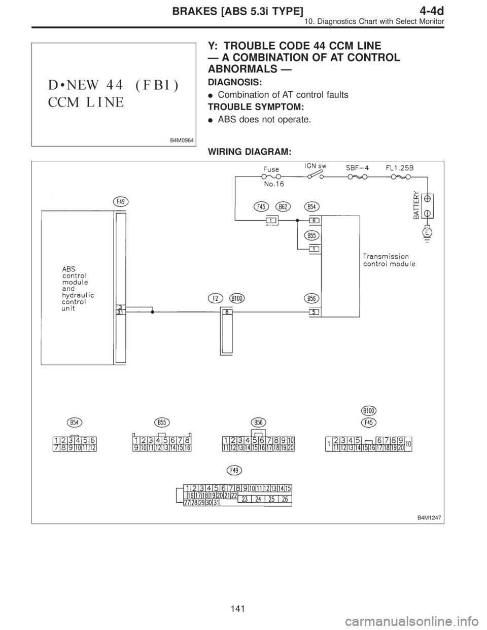 SUBARU LEGACY 1997  Service Repair Manual B4M0964
Y: TROUBLE CODE 44 CCM LINE
—A COMBINATION OF AT CONTROL
ABNORMALS—
DIAGNOSIS:
Combination of AT control faults
TROUBLE SYMPTOM:
ABS does not operate.
WIRING DIAGRAM:
B4M1247
141
4-4dBRA