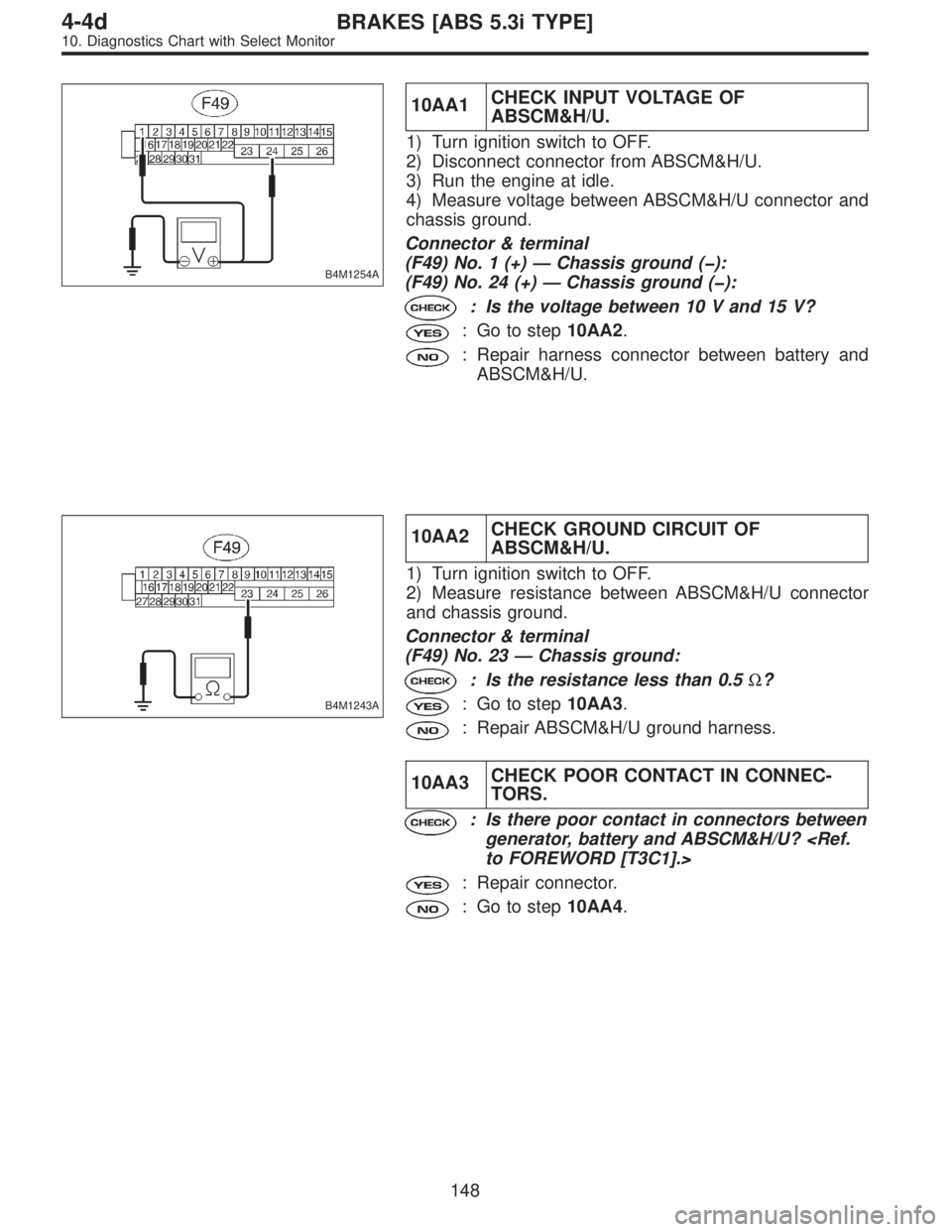 SUBARU LEGACY 1997  Service Repair Manual B4M1254A
10AA1CHECK INPUT VOLTAGE OF
ABSCM&H/U.
1) Turn ignition switch to OFF.
2) Disconnect connector from ABSCM&H/U.
3) Run the engine at idle.
4) Measure voltage between ABSCM&H/U connector and
ch