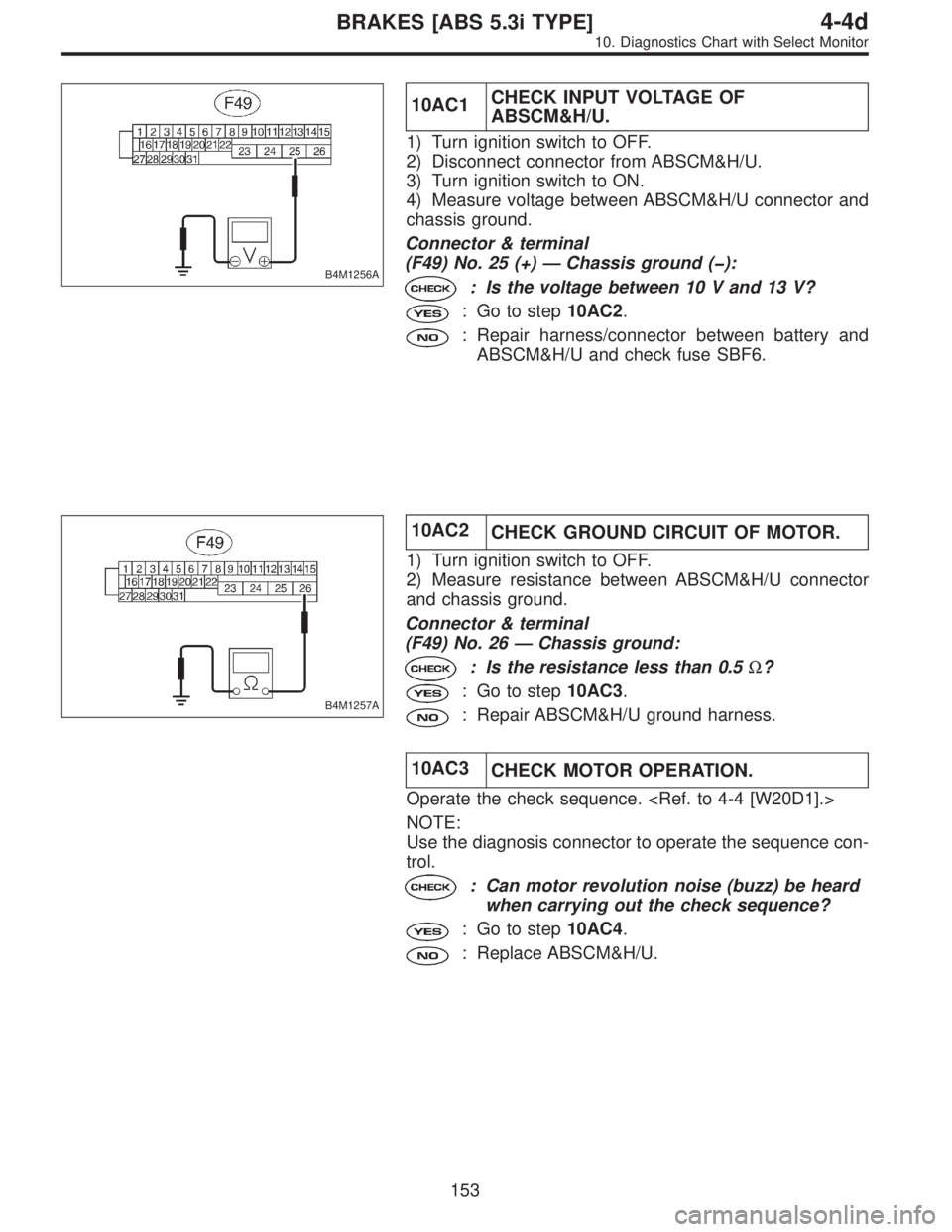 SUBARU LEGACY 1997 Service Repair Manual B4M1256A
10AC1CHECK INPUT VOLTAGE OF
ABSCM&H/U.
1) Turn ignition switch to OFF.
2) Disconnect connector from ABSCM&H/U.
3) Turn ignition switch to ON.
4) Measure voltage between ABSCM&H/U connector an SUBARU LEGACY 1997 Service Repair Manual B4M1256A
10AC1CHECK INPUT VOLTAGE OF
ABSCM&H/U.
1) Turn ignition switch to OFF.
2) Disconnect connector from ABSCM&H/U.
3) Turn ignition switch to ON.
4) Measure voltage between ABSCM&H/U connector an