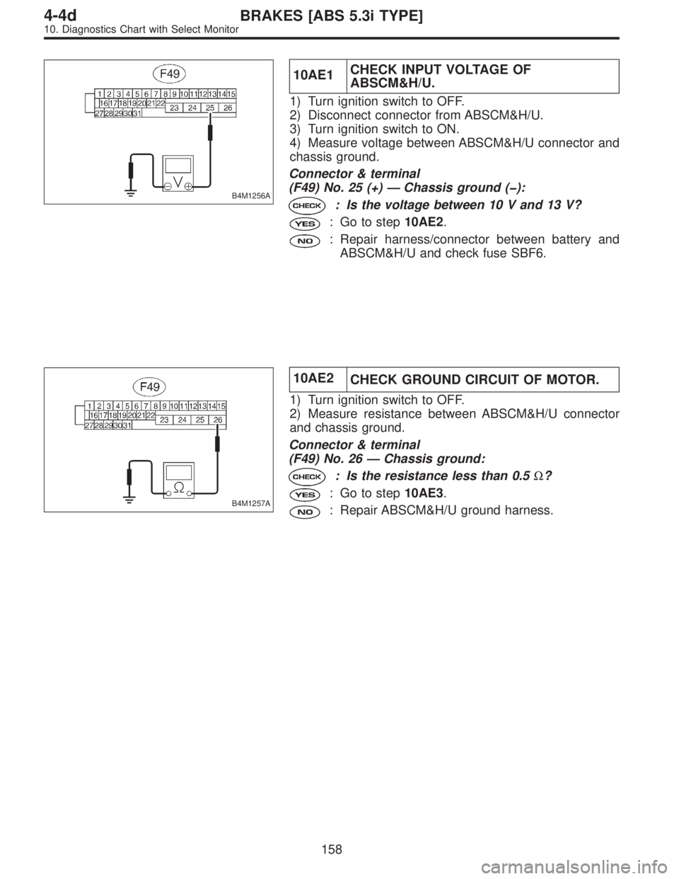 SUBARU LEGACY 1997  Service Repair Manual B4M1256A
10AE1CHECK INPUT VOLTAGE OF
ABSCM&H/U.
1) Turn ignition switch to OFF.
2) Disconnect connector from ABSCM&H/U.
3) Turn ignition switch to ON.
4) Measure voltage between ABSCM&H/U connector an