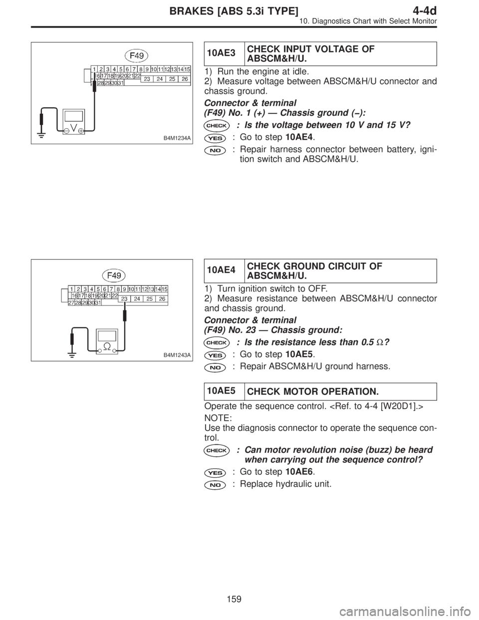 SUBARU LEGACY 1997  Service Repair Manual B4M1234A
10AE3CHECK INPUT VOLTAGE OF
ABSCM&H/U.
1) Run the engine at idle.
2) Measure voltage between ABSCM&H/U connector and
chassis ground.
Connector & terminal
(F49) No. 1 (+)—Chassis ground (�):