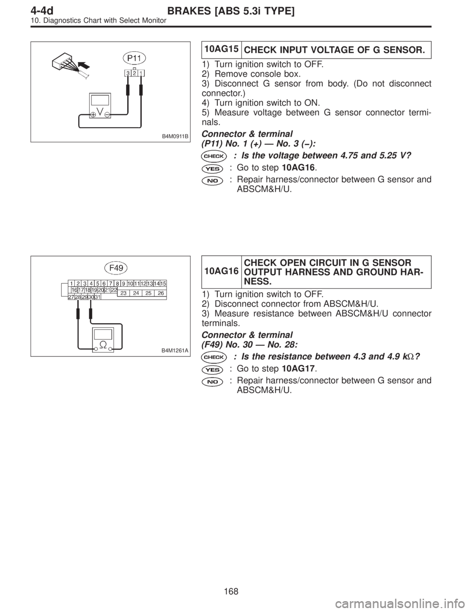 SUBARU LEGACY 1997  Service Repair Manual B4M0911B
10AG15
CHECK INPUT VOLTAGE OF G SENSOR.
1) Turn ignition switch to OFF.
2) Remove console box.
3) Disconnect G sensor from body. (Do not disconnect
connector.)
4) Turn ignition switch to ON.
