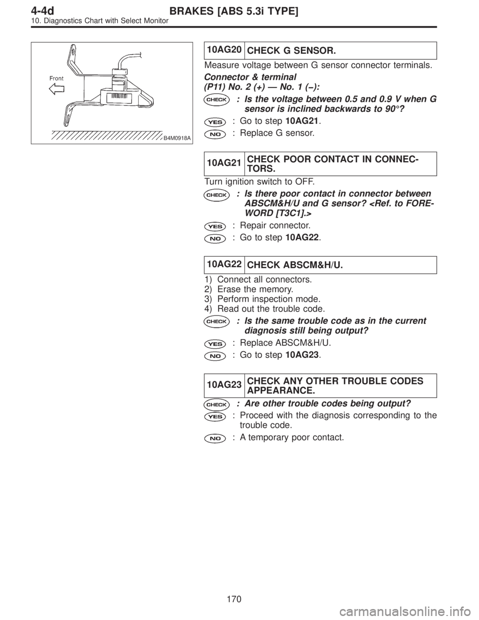 SUBARU LEGACY 1997  Service Repair Manual B4M0918A
10AG20
CHECK G SENSOR.
Measure voltage between G sensor connector terminals.
Connector & terminal
(P11) No. 2 (+)—No.1(�):
: Is the voltage between 0.5 and 0.9 V when G
sensor is inclined b