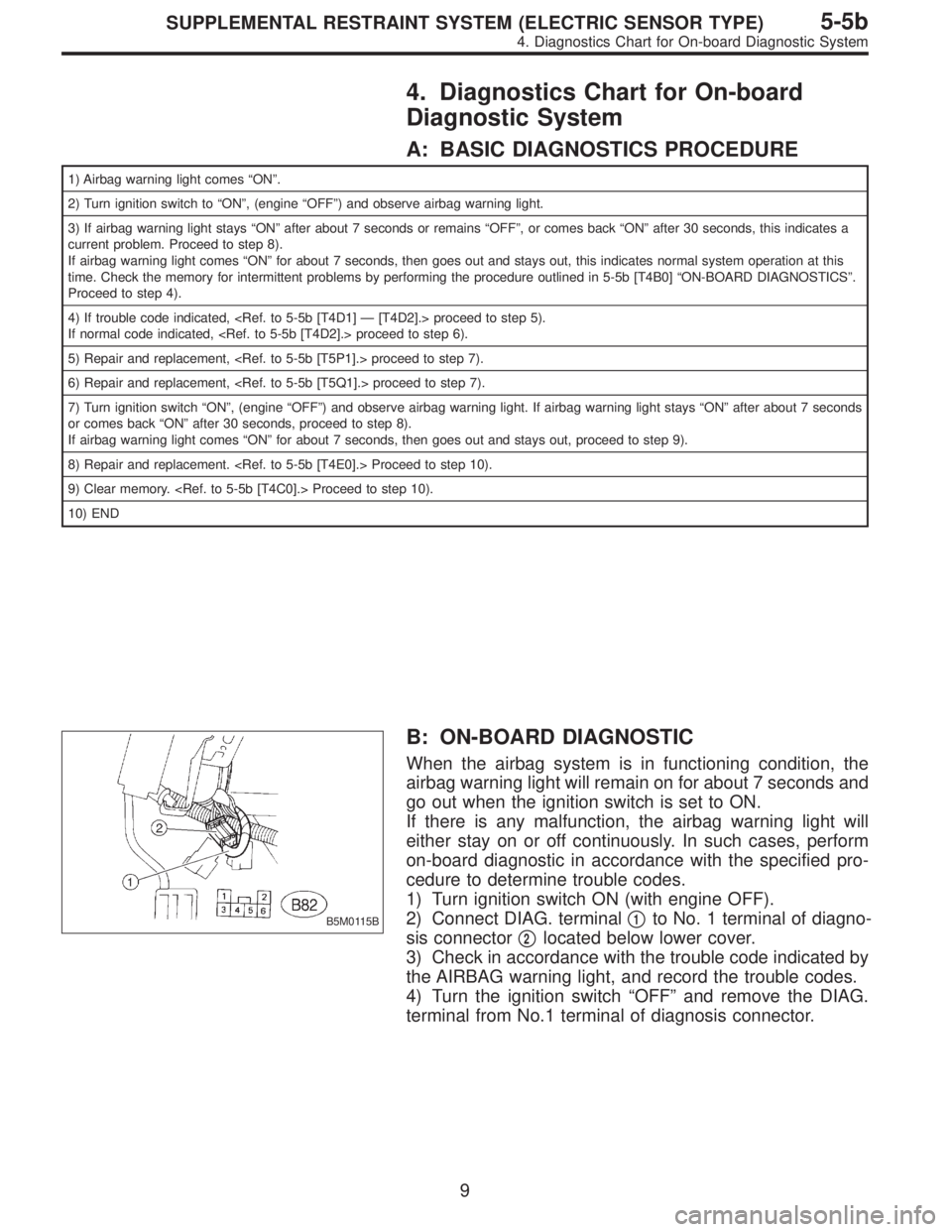 SUBARU LEGACY 1997  Service Repair Manual 4. Diagnostics Chart for On-board
Diagnostic System
A: BASIC DIAGNOSTICS PROCEDURE
1) Airbag warning light comes “ON”.
2) Turn ignition switch to “ON”, (engine “OFF”) and observe airbag wa