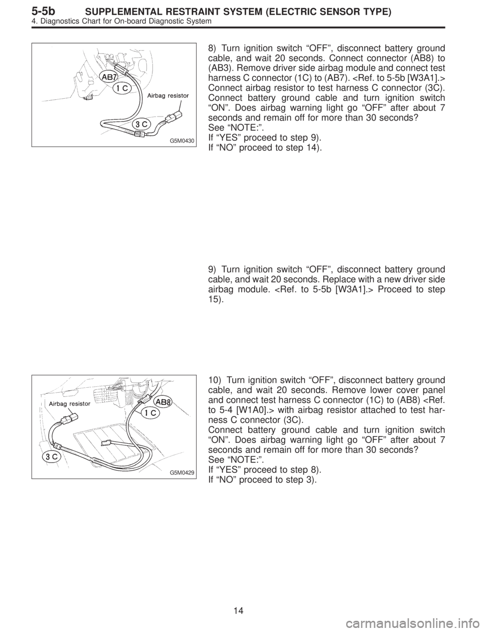 SUBARU LEGACY 1997  Service Repair Manual G5M0430
8) Turn ignition switch“OFF”, disconnect battery ground
cable, and wait 20 seconds. Connect connector (AB8) to
(AB3). Remove driver side airbag module and connect test
harness C connector 
