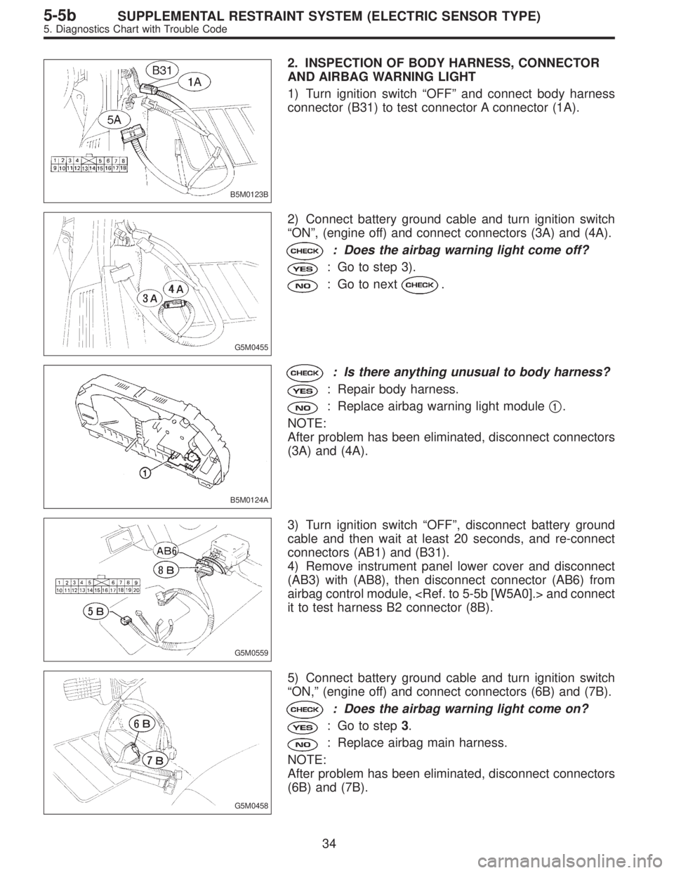 SUBARU LEGACY 1997 Service Repair Manual B5M0123B
2. INSPECTION OF BODY HARNESS, CONNECTOR
AND AIRBAG WARNING LIGHT
1) Turn ignition switch“OFF”and connect body harness
connector (B31) to test connector A connector (1A).
G5M0455
2) Conne SUBARU LEGACY 1997 Service Repair Manual B5M0123B
2. INSPECTION OF BODY HARNESS, CONNECTOR
AND AIRBAG WARNING LIGHT
1) Turn ignition switch“OFF”and connect body harness
connector (B31) to test connector A connector (1A).
G5M0455
2) Conne