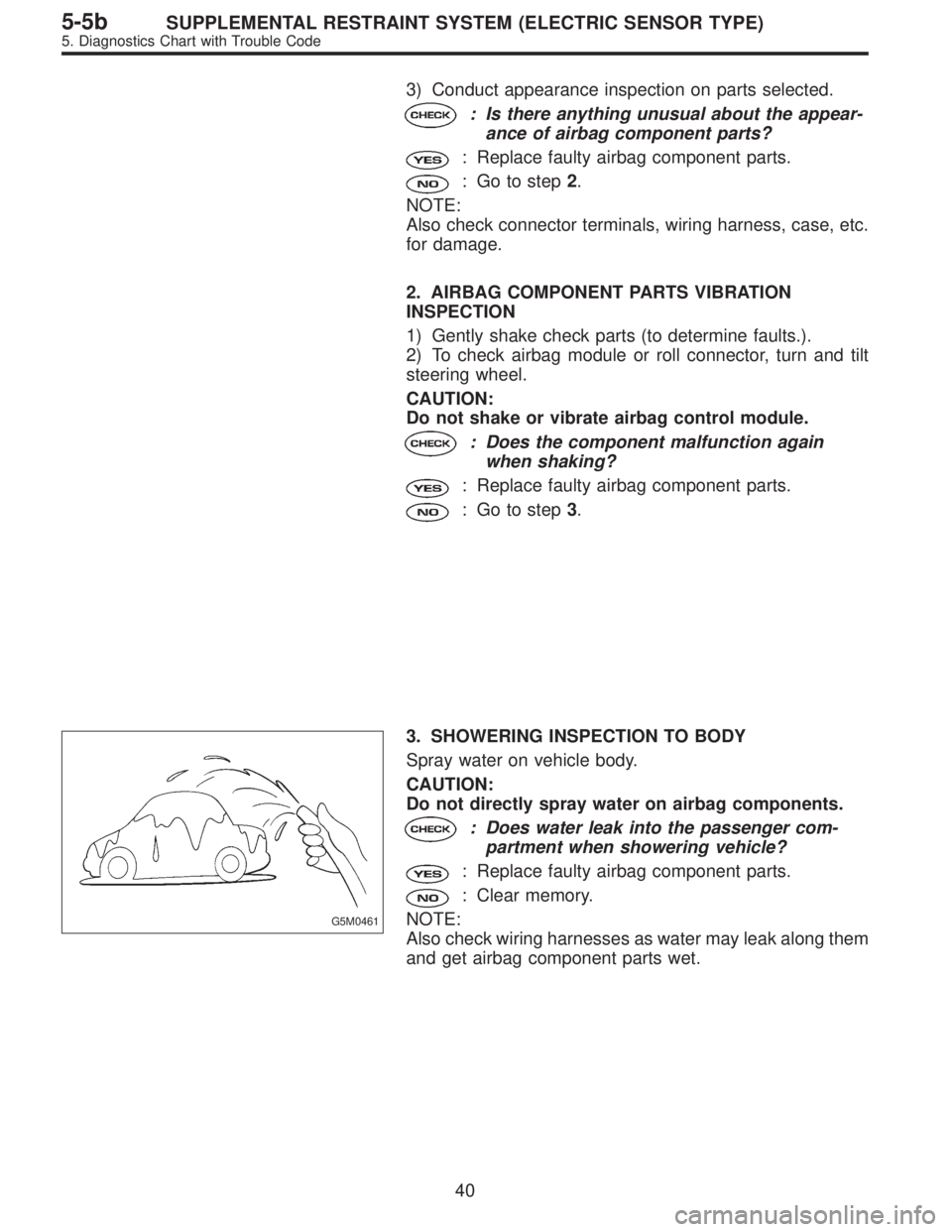 SUBARU LEGACY 1997 Service Repair Manual 3) Conduct appearance inspection on parts selected.
: Is there anything unusual about the appear-
ance of airbag component parts?
: Replace faulty airbag component parts.
: Go to step2.
NOTE:
Also che SUBARU LEGACY 1997 Service Repair Manual 3) Conduct appearance inspection on parts selected.
: Is there anything unusual about the appear-
ance of airbag component parts?
: Replace faulty airbag component parts.
: Go to step2.
NOTE:
Also che