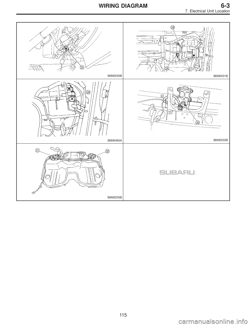 SUBARU LEGACY 1997  Service Repair Manual B6M0230BB6M0231B
B6M0495AB6M0233B
B6M0235B
11 5
6-3WIRING DIAGRAM
7. Electrical Unit Location  