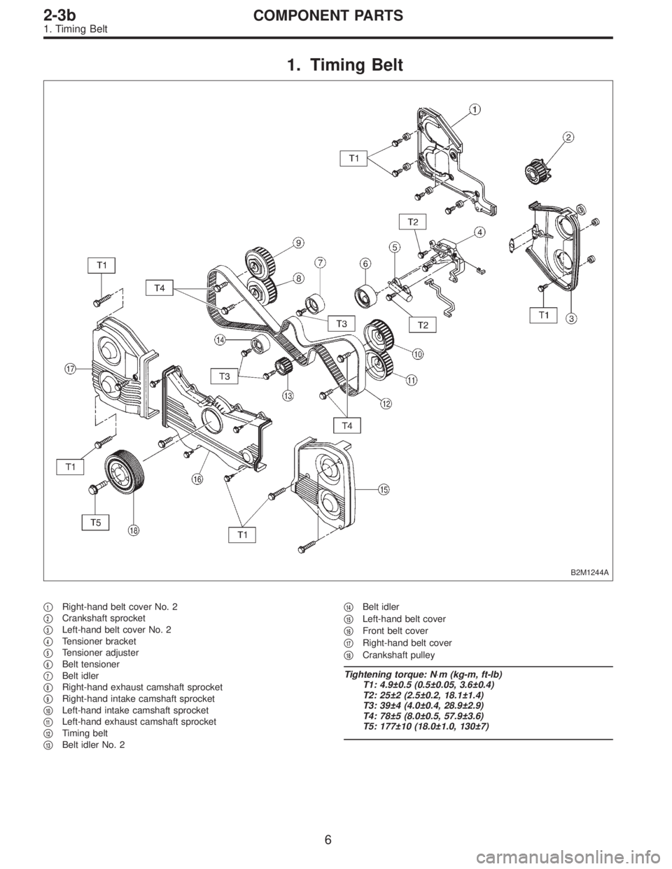 SUBARU LEGACY 1997  Service Repair Manual 1. Timing Belt
B2M1244A
1Right-hand belt cover No. 2

2Crankshaft sprocket

3Left-hand belt cover No. 2

4Tensioner bracket

5Tensioner adjuster

6Belt tensioner

7Belt idler

8Right-hand exha