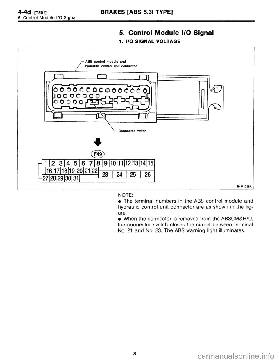 SUBARU LEGACY 1997  Service Repair Manual 
4-4d
[TSOi1
BRAKES
[ABS
5
.31
TYPE]

5
.
Control
Module
I/OSignal
5
.
Control
Module
I/O
Signal

1
.
I/O
SIGNAL
VOLTAGE

ABS
control
moduleand
hydraulic
control
unit
connector

Ell

30000000

00000

