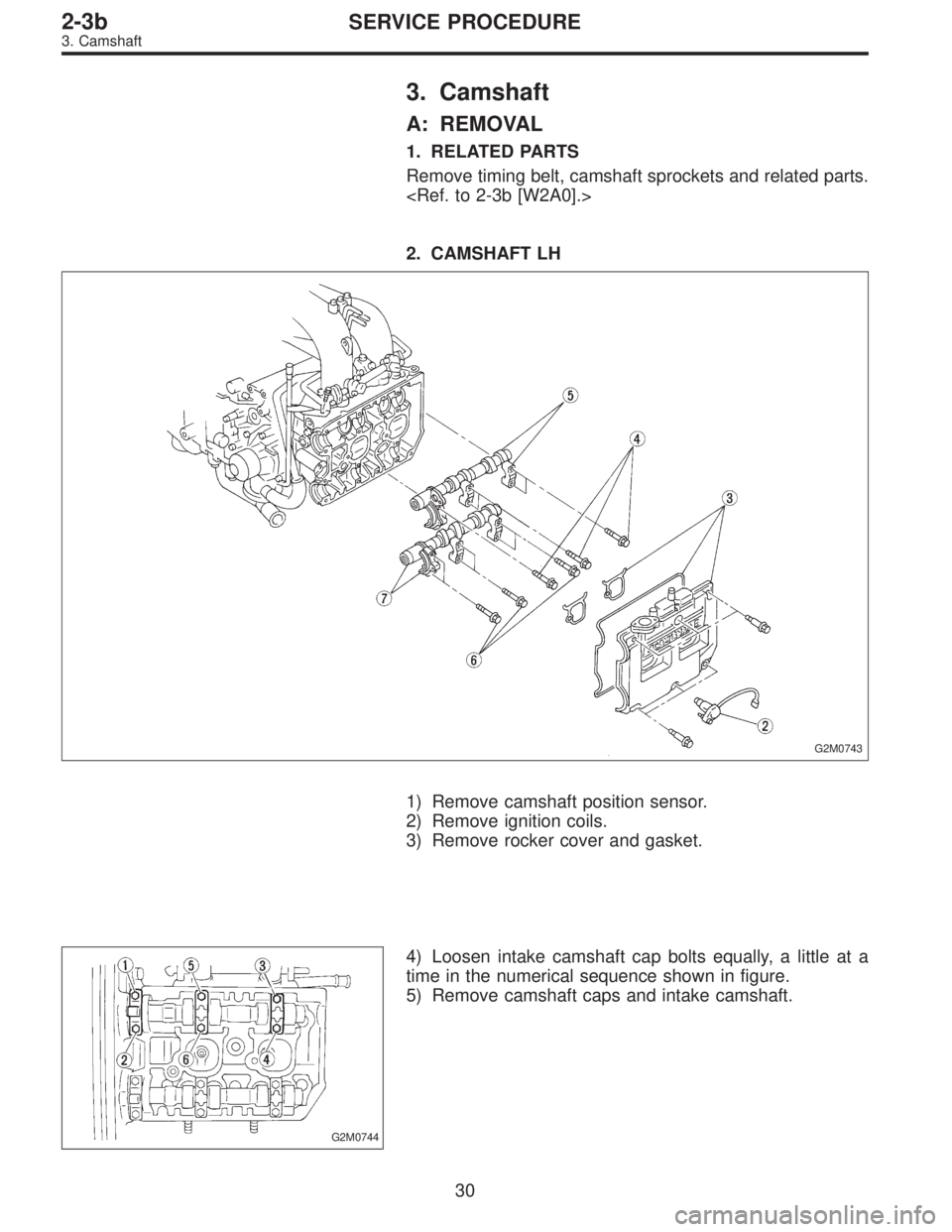 SUBARU LEGACY 1997  Service Repair Manual 3. Camshaft
A: REMOVAL
1. RELATED PARTS
Remove timing belt, camshaft sprockets and related parts.
<Ref. to 2-3b [W2A0].>
2. CAMSHAFT LH
G2M0743
1) Remove camshaft position sensor.
2) Remove ignition c