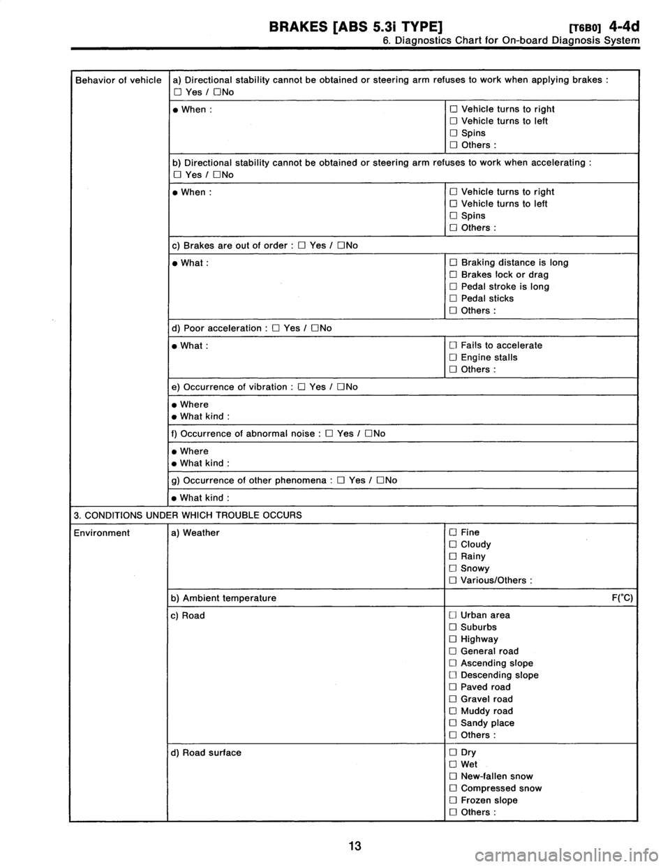 SUBARU LEGACY 1997  Service Repair Manual 
BRAKES
[ABS
5
.31
TYPE]
[MO]
4-4d

6
.
DiagnosticsChart
for
On-board
Diagnosis
System

Behavior
of
vehicle
a)
Directional
stability
cannotbe
obtained
or
steering
arm
refuses
to
work
when
applying
bra