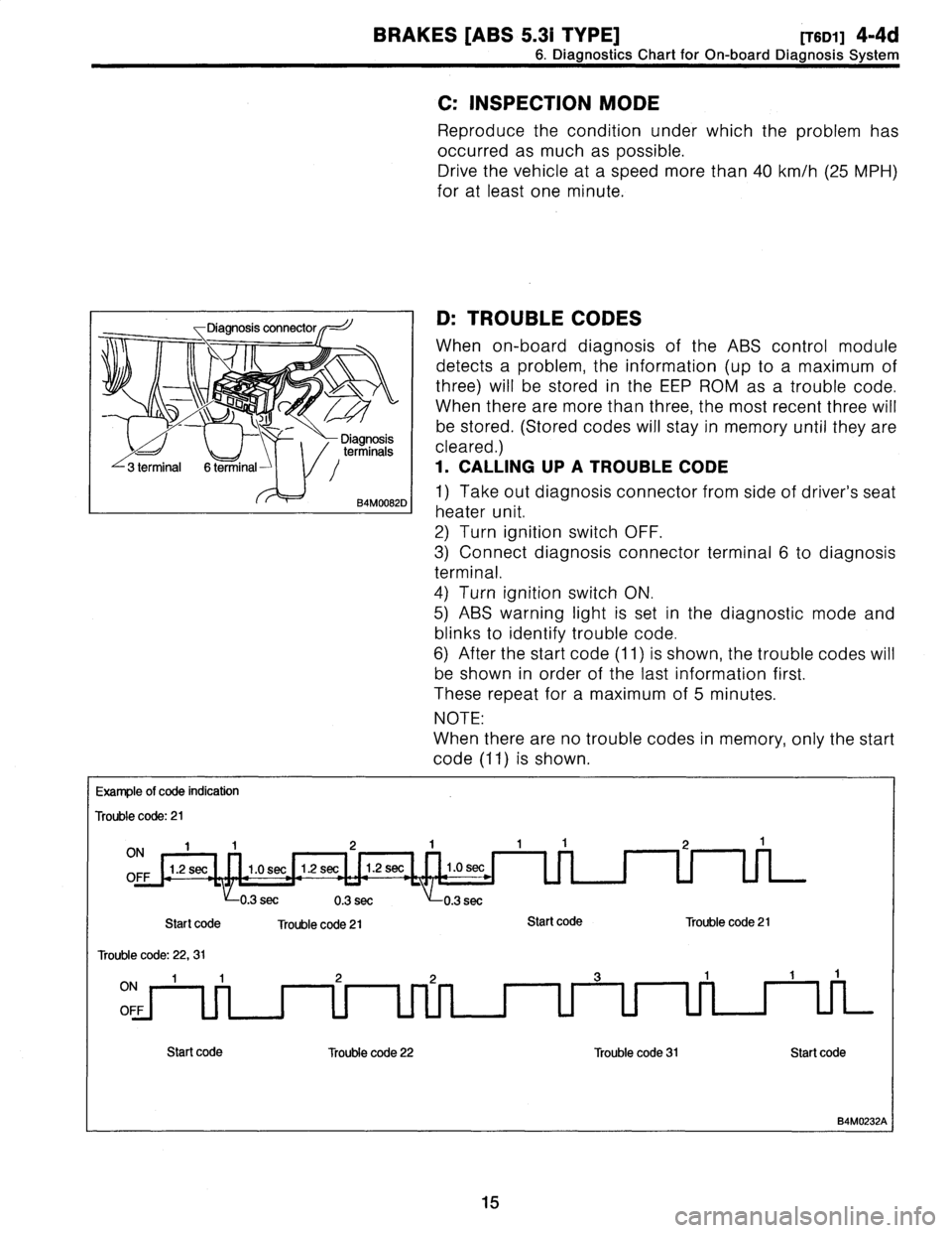 SUBARU LEGACY 1997  Service Repair Manual 
BRAKES
[ABS
5
.31
TYPE]
[T6D1]4-4d

6
.
Diagnostics
Chart
for
On-board
Diagnosis
System

Diagnosisconnector
--J

-\
o

o

Diagnosis
terminals
3
terminal
6
terminal
/

B4M0082D

C
:
INSPECTION
MODE

R