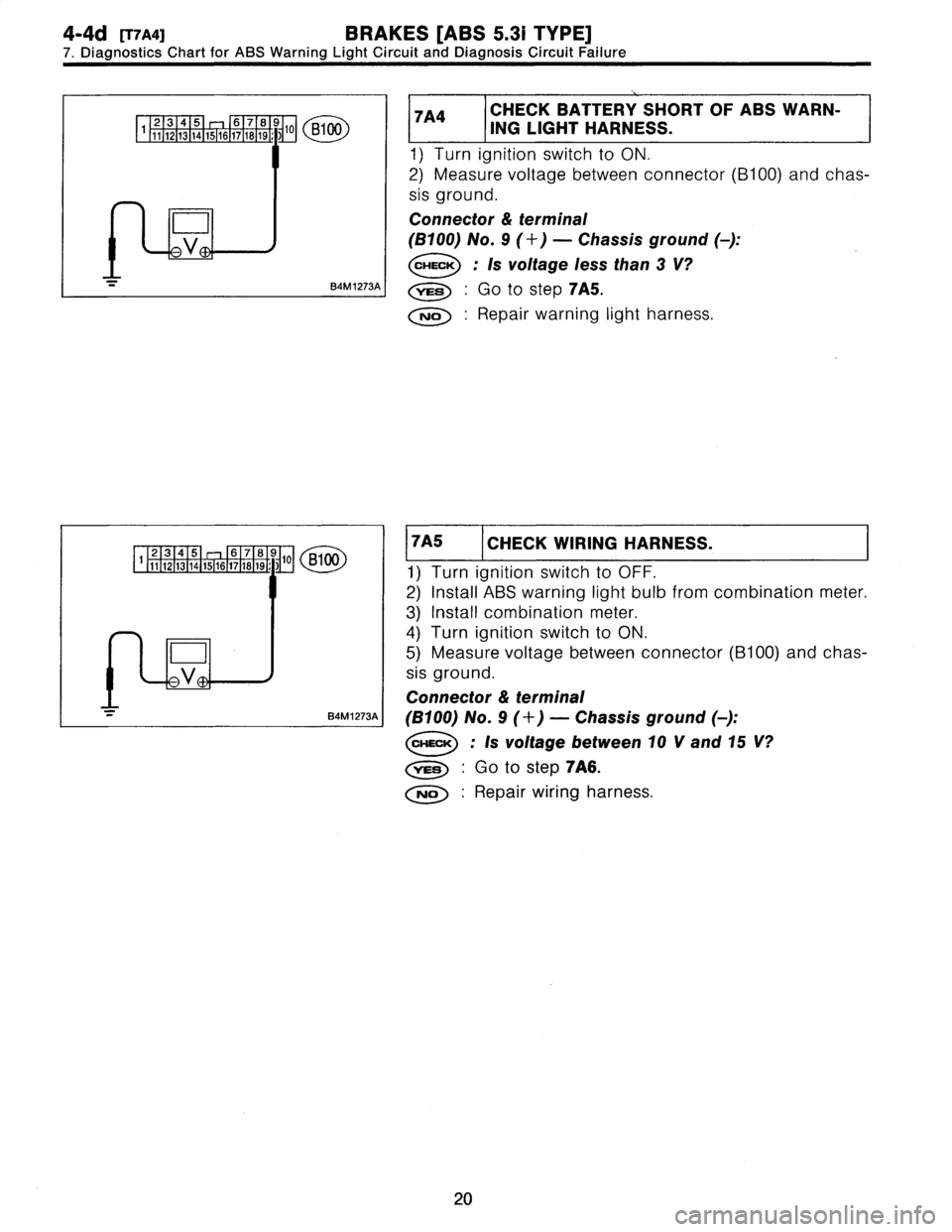 SUBARU LEGACY 1997  Service Repair Manual 
4-4d
[r7aa1
BRAKES
[ABS
5
.31
TYPE]

7
.
DiagnosticsChart
for
ABS
Warning
Light
Circuit
and
Diagnosis
Circuit
Failure

2345
67890
B1~
1
11
1
12
1
13
1
14
1516
171819
1:
)

D

84M1273A

7A4
CHECK
BATT