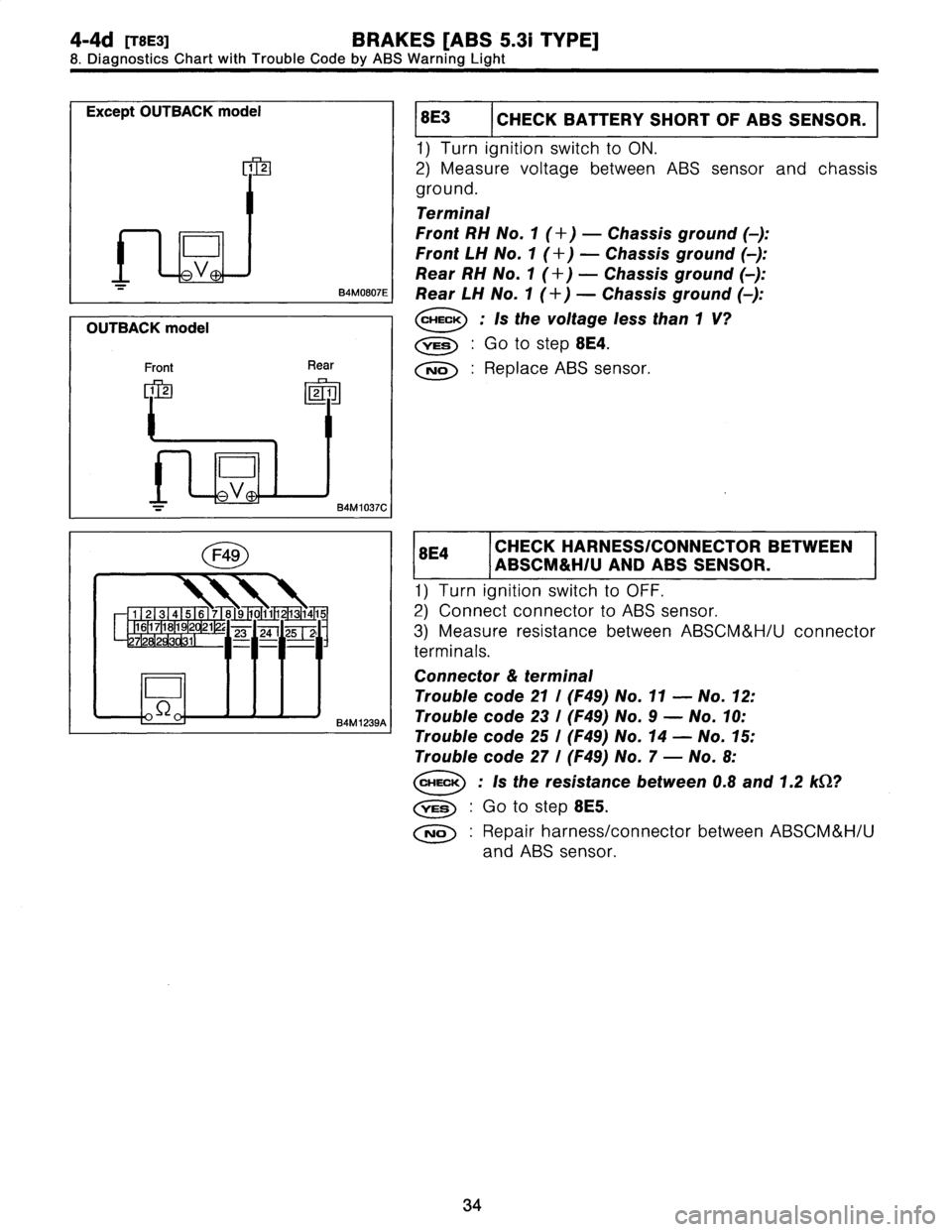 SUBARU LEGACY 1997  Service Repair Manual 
4-4d[T8E3]
BRAKES
[ABS
5
.31
TYPE]

8
.
Diagnostics
Chart
with
Trouble
Code
by
ABS
Warning
Light

Except
OUTBACK
model

M112

L
V
21
B4MOB07E

OUTBACK
model

Front
Rear

1
2
DI
2
1

D

_v
-_
B4M1037C