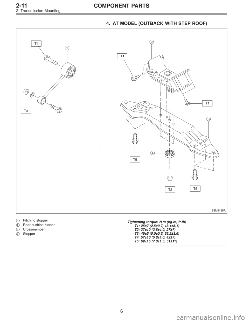 SUBARU LEGACY 1997  Service Repair Manual 4. AT MODEL (OUTBACK WITH STEP ROOF)
B2M1158A
1Pitching stopper

2Rear cushion rubber

3Crossmember

4Stopper
Tightening torque: N⋅m (kg-m, ft-lb)
T1: 25±7 (2.5±0.7, 18.1±5.1)
T2: 37±10 (3.8