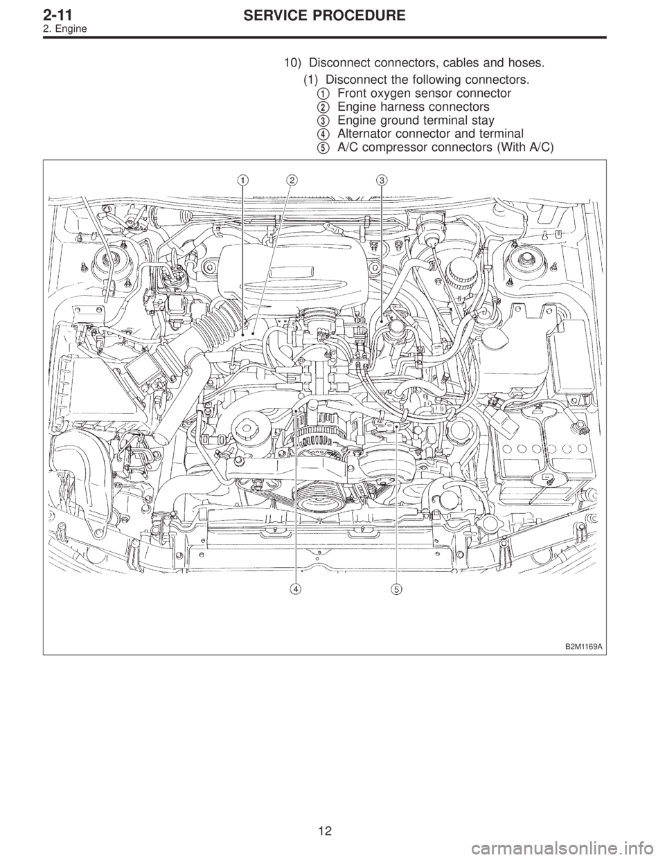 SUBARU LEGACY 1997  Service Repair Manual 10) Disconnect connectors, cables and hoses.
(1) Disconnect the following connectors.

1Front oxygen sensor connector

2Engine harness connectors

3Engine ground terminal stay

4Alternator connect