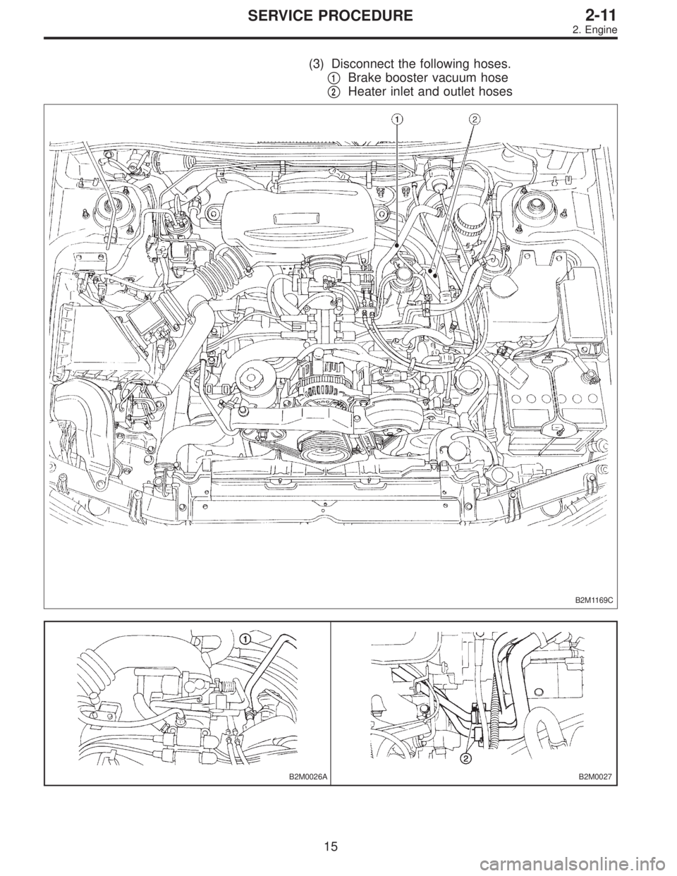 SUBARU LEGACY 1997  Service Repair Manual (3) Disconnect the following hoses.

1Brake booster vacuum hose

2Heater inlet and outlet hoses
B2M1169C
B2M0026AB2M0027
15
2-11SERVICE PROCEDURE
2. Engine  