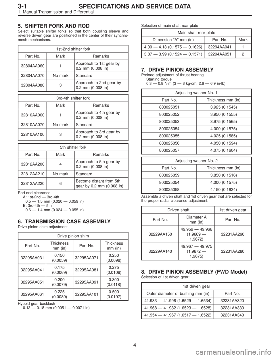 SUBARU LEGACY 1997  Service Repair Manual 5. SHIFTER FORK AND ROD
Select suitable shifter forks so that both coupling sleeve and
reverse driven gear are positioned in the center of their synchro-
mesh mechanisms.
1st-2nd shifter fork
Part No.
