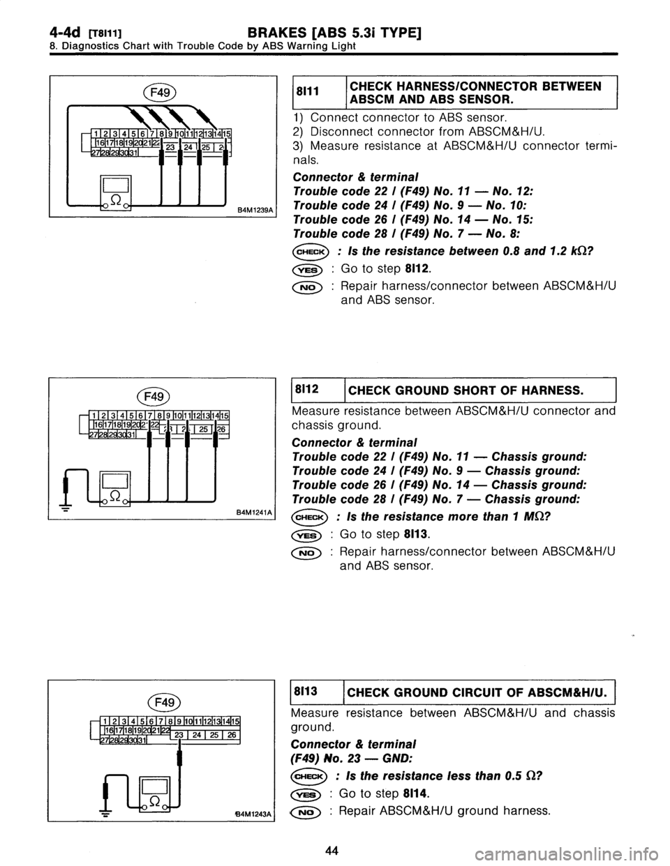 SUBARU LEGACY 1997  Service Repair Manual 
4-4d
Crsiyyi
BRAKES
[ABS
5
.31
TYPE]
8
.
Diagnostics
Chart
with
Trouble
Code
by
ABS
Warning
Light

8111
CHECK
HARNESS/CONNECTOR
BETWEEN

ABSCM
AND
ABS
SENSOR
.

1)
Connect
connector
to
ABS
sensor
.


