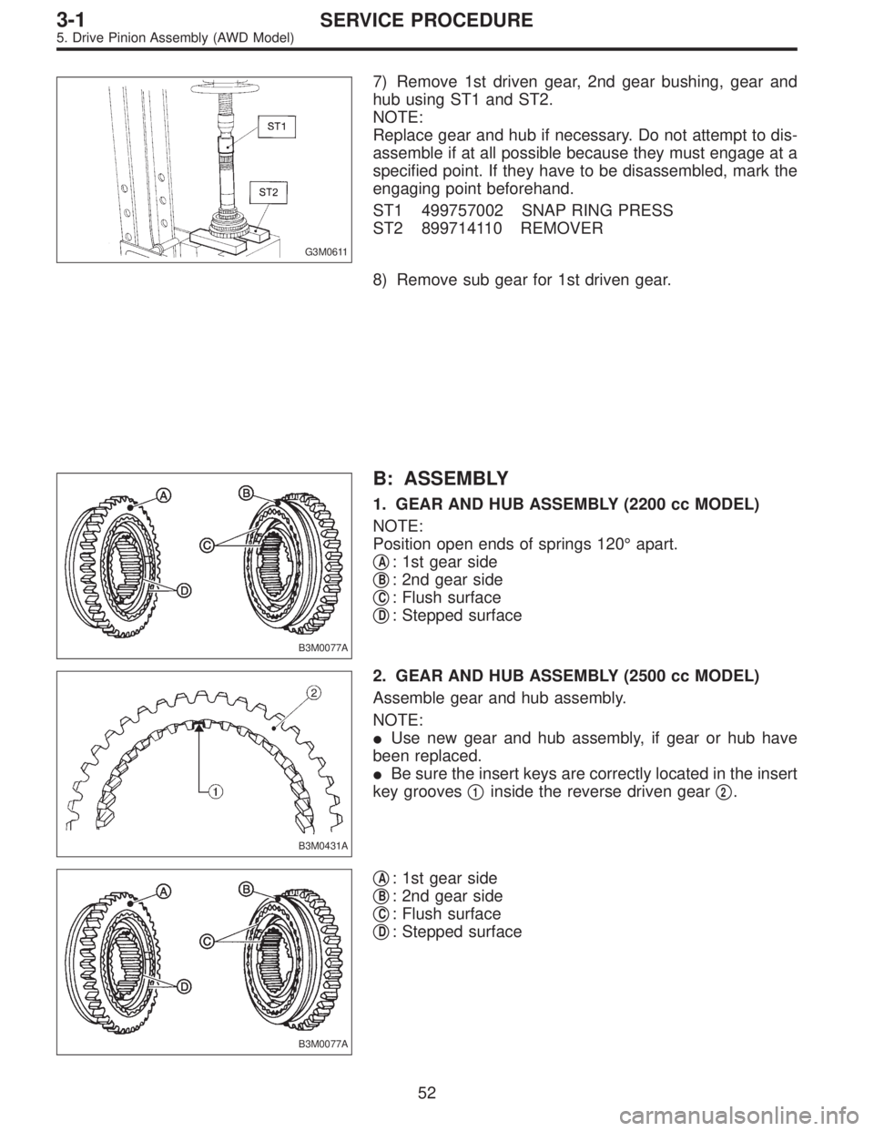 SUBARU LEGACY 1997  Service Repair Manual G3M0611
7) Remove 1st driven gear, 2nd gear bushing, gear and
hub using ST1 and ST2.
NOTE:
Replace gear and hub if necessary. Do not attempt to dis-
assemble if at all possible because they must engag