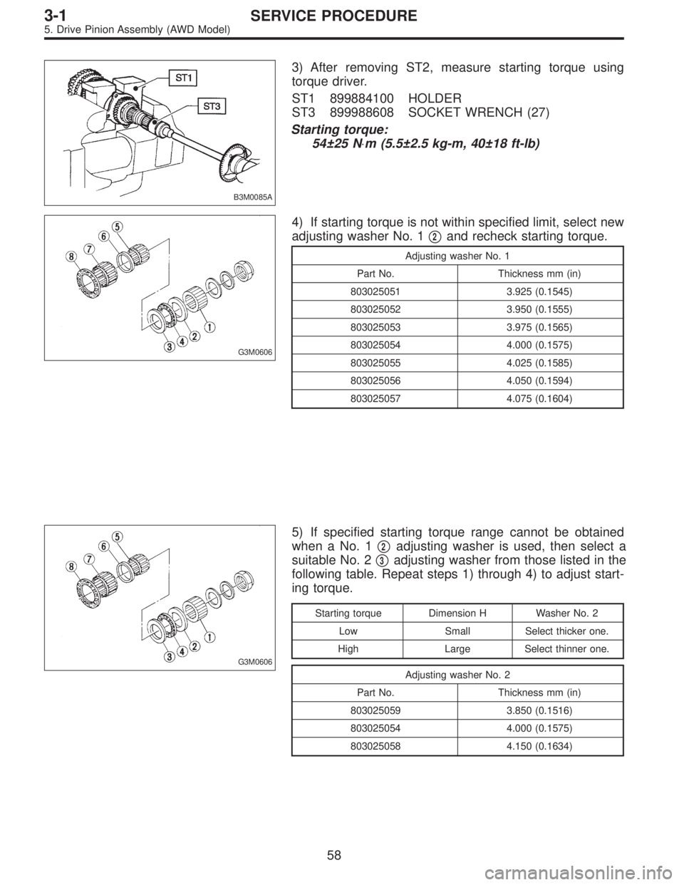 SUBARU LEGACY 1997  Service Repair Manual B3M0085A
3) After removing ST2, measure starting torque using
torque driver.
ST1 899884100 HOLDER
ST3 899988608 SOCKET WRENCH (27)
Starting torque:
54±25 N⋅m (5.5±2.5 kg-m, 40±18 ft-lb)
G3M0606
4