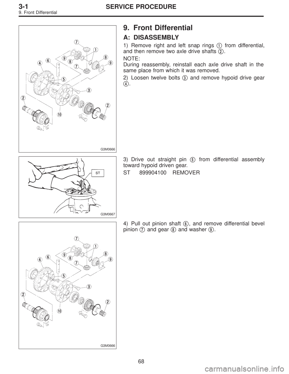 SUBARU LEGACY 1997  Service Repair Manual G3M0666
9. Front Differential
A: DISASSEMBLY
1) Remove right and left snap rings1from differential,
and then remove two axle drive shafts
2.
NOTE:
During reassembly, reinstall each axle drive shaft 