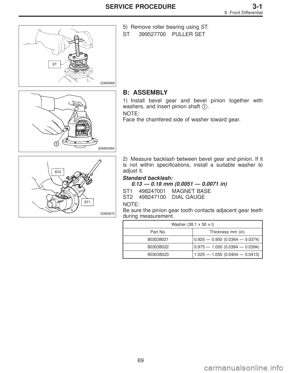 SUBARU LEGACY 1997  Service Repair Manual G3M0668
5) Remove roller bearing using ST.
ST 399527700 PULLER SET
B3M0099A
B: ASSEMBLY
1) Install bevel gear and bevel pinion together with
washers, and insert pinion shaft
1.
NOTE:
Face the chamfer
