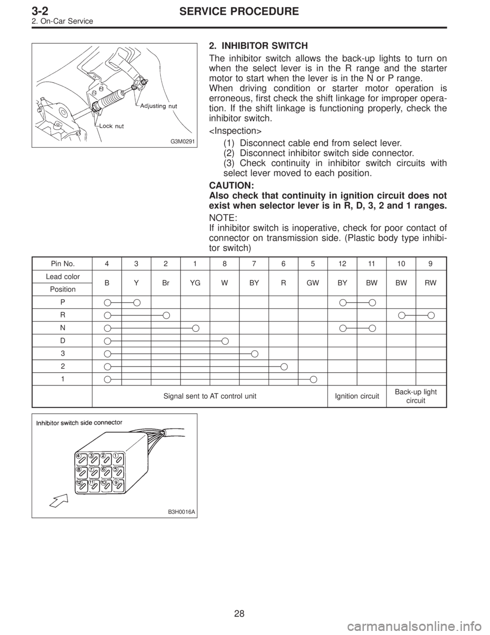 SUBARU LEGACY 1997  Service Repair Manual G3M0291
2. INHIBITOR SWITCH
The inhibitor switch allows the back-up lights to turn on
when the select lever is in the R range and the starter
motor to start when the lever is in the N or P range.
When