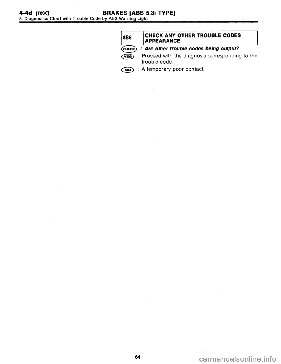 SUBARU LEGACY 1997  Service Repair Manual 
4-4d
Rsssi
BRAKES
[ABS
5
.31
TYPE]

8
.
Diagnostics
Chart
with
Trouble
Code
by
ABS
Warning
Light

8S6
CHECK
ANY

I
APPEARANCE

.THER
TROUBLE
CODES

CHECK
:
Are
other
trouble
codes
being
output?

,rES