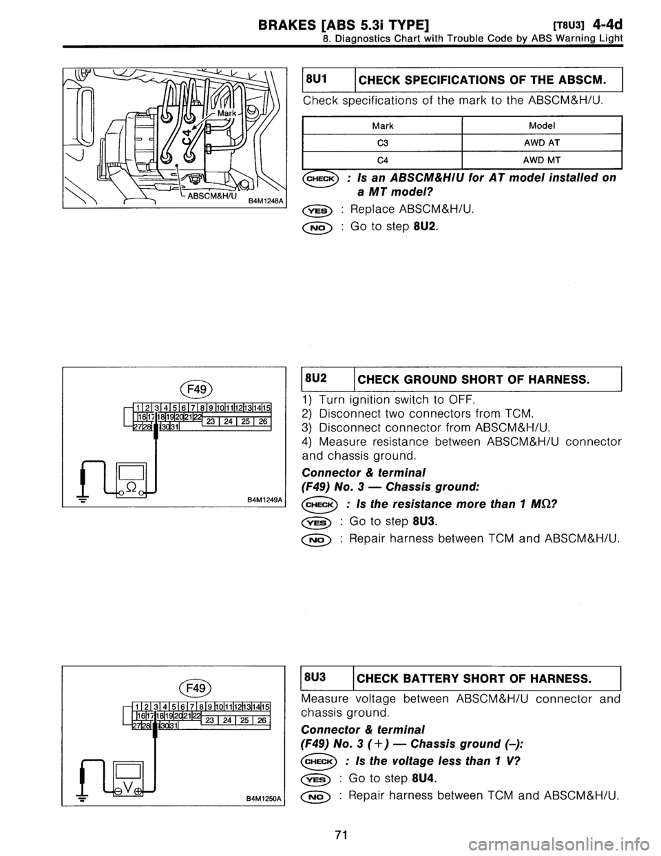 SUBARU LEGACY 1997  Service Repair Manual 
BRAKES
[ABS
5
.31
TYPE]
[TM]
4-4d

8
.
Diagnostics
Chart
with
Trouble
Code
by
ABS
Warning
Light

`L/

Tn
Mark
1
h
.I
t,~
\
;d

ABSCM&HlU
B4M
1248A

181
.11
I
CHECK
SPECIFICATIONS
OF
THE
ABSCM
.

Chec