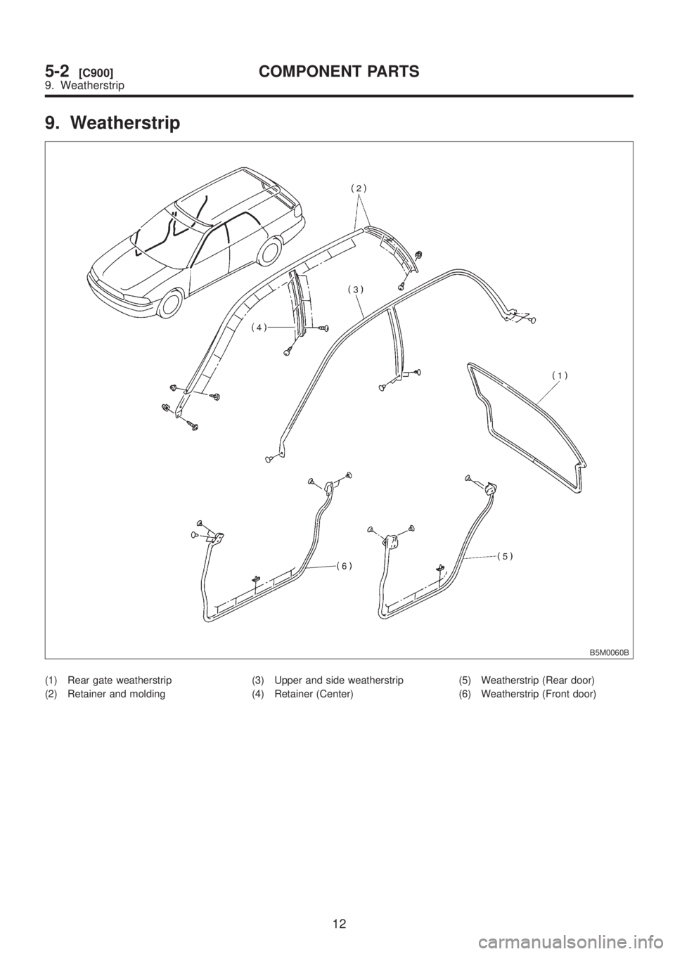 SUBARU LEGACY 1999  Service Repair Manual 9. Weatherstrip
B5M0060B
(1) Rear gate weatherstrip
(2) Retainer and molding(3) Upper and side weatherstrip
(4) Retainer (Center)(5) Weatherstrip (Rear door)
(6) Weatherstrip (Front door)
12
5-2[C900]