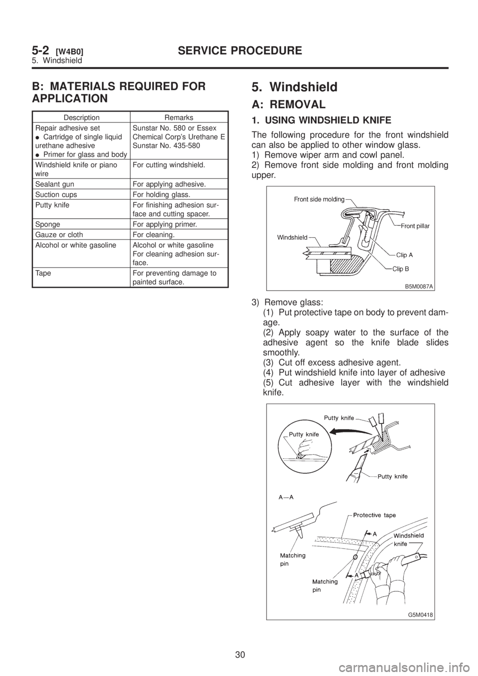 SUBARU LEGACY 1999 Service Repair Manual B: MATERIALS REQUIRED FOR
APPLICATION
Description Remarks
Repair adhesive set
ICartridge of single liquid
urethane adhesive
IPrimer for glass and bodySunstar No. 580 or Essex
Chemical Corps Urethane SUBARU LEGACY 1999 Service Repair Manual B: MATERIALS REQUIRED FOR
APPLICATION
Description Remarks
Repair adhesive set
ICartridge of single liquid
urethane adhesive
IPrimer for glass and bodySunstar No. 580 or Essex
Chemical Corps Urethane