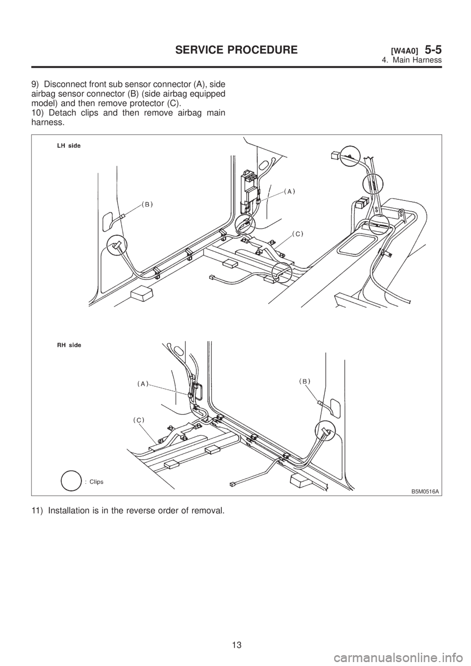 SUBARU LEGACY 1999  Service Repair Manual 9) Disconnect front sub sensor connector (A), side
airbag sensor connector (B) (side airbag equipped
model) and then remove protector (C).
10) Detach clips and then remove airbag main
harness.
B5M0516