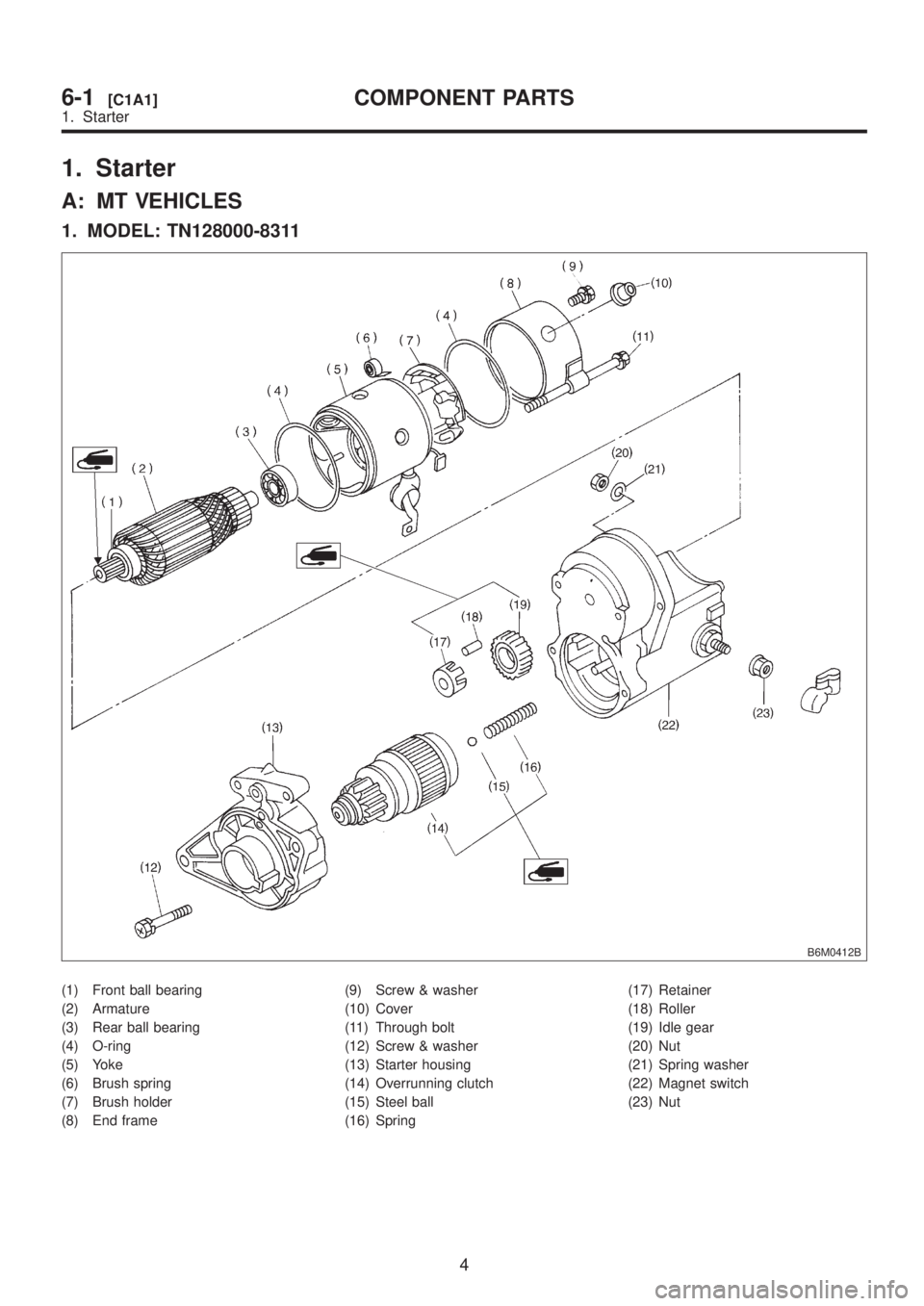 SUBARU LEGACY 1999  Service Repair Manual 1. Starter
A: MT VEHICLES
1. MODEL: TN128000-8311
B6M0412B
(1) Front ball bearing
(2) Armature
(3) Rear ball bearing
(4) O-ring
(5) Yoke
(6) Brush spring
(7) Brush holder
(8) End frame(9) Screw & wash