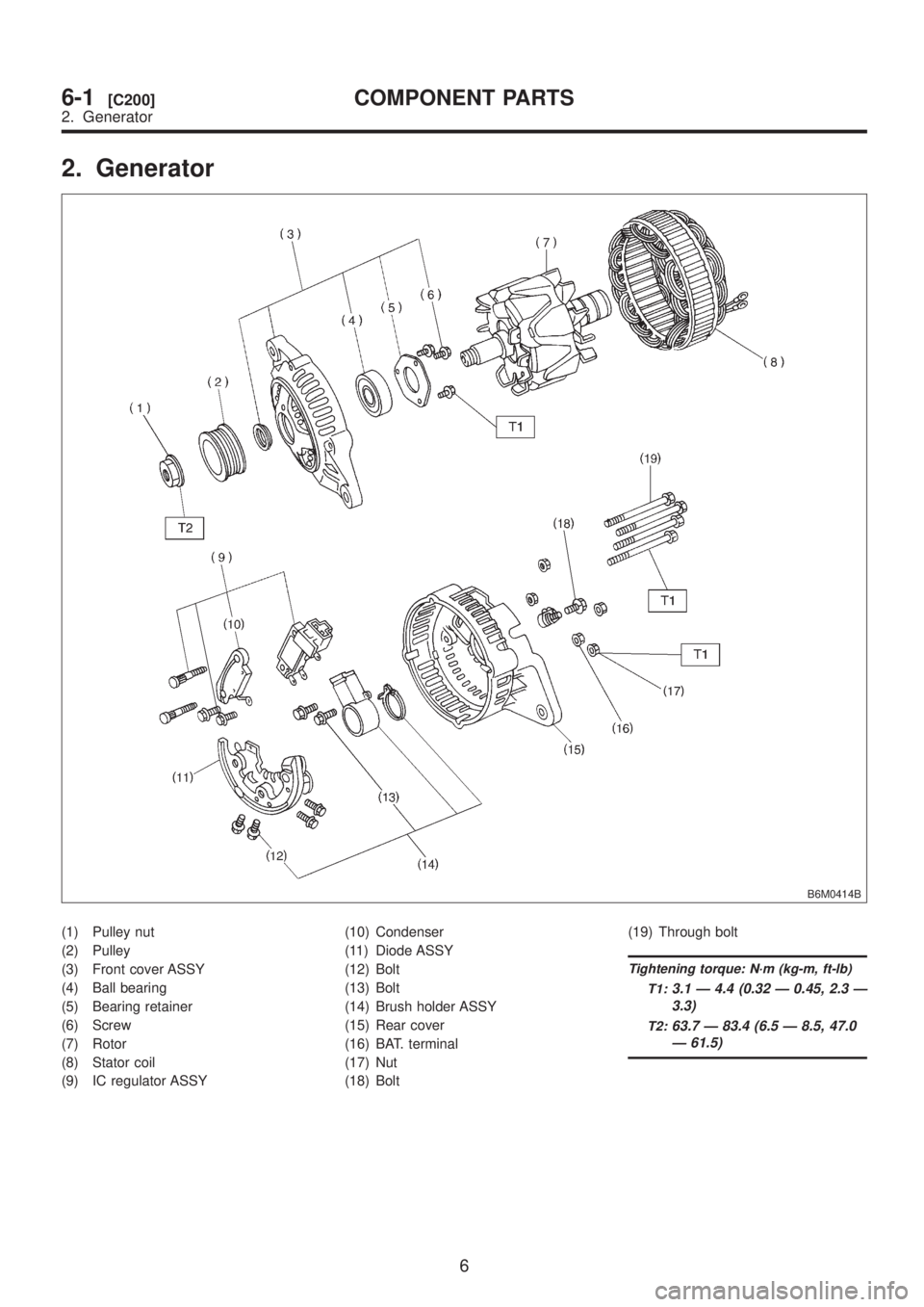 SUBARU LEGACY 1999  Service Repair Manual 2. Generator
B6M0414B
(1) Pulley nut
(2) Pulley
(3) Front cover ASSY
(4) Ball bearing
(5) Bearing retainer
(6) Screw
(7) Rotor
(8) Stator coil
(9) IC regulator ASSY(10) Condenser
(11) Diode ASSY
(12) 