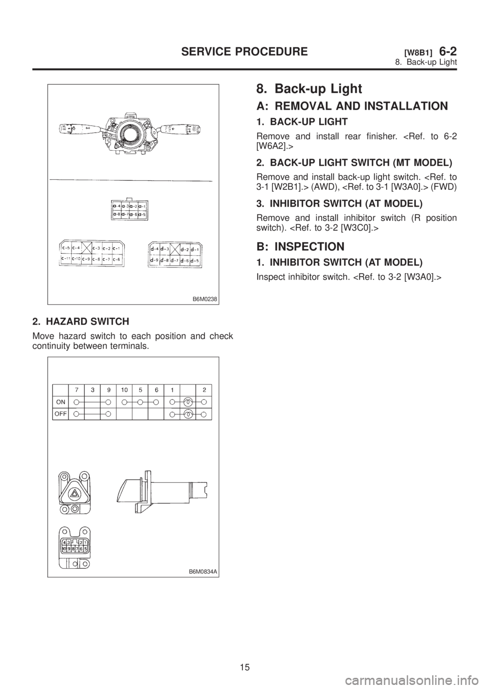 SUBARU LEGACY 1999  Service Repair Manual B6M0238
2. HAZARD SWITCH
Move hazard switch to each position and check
continuity between terminals.
B6M0834A
8. Back-up Light
A: REMOVAL AND INSTALLATION
1. BACK-UP LIGHT
Remove and install rear fini