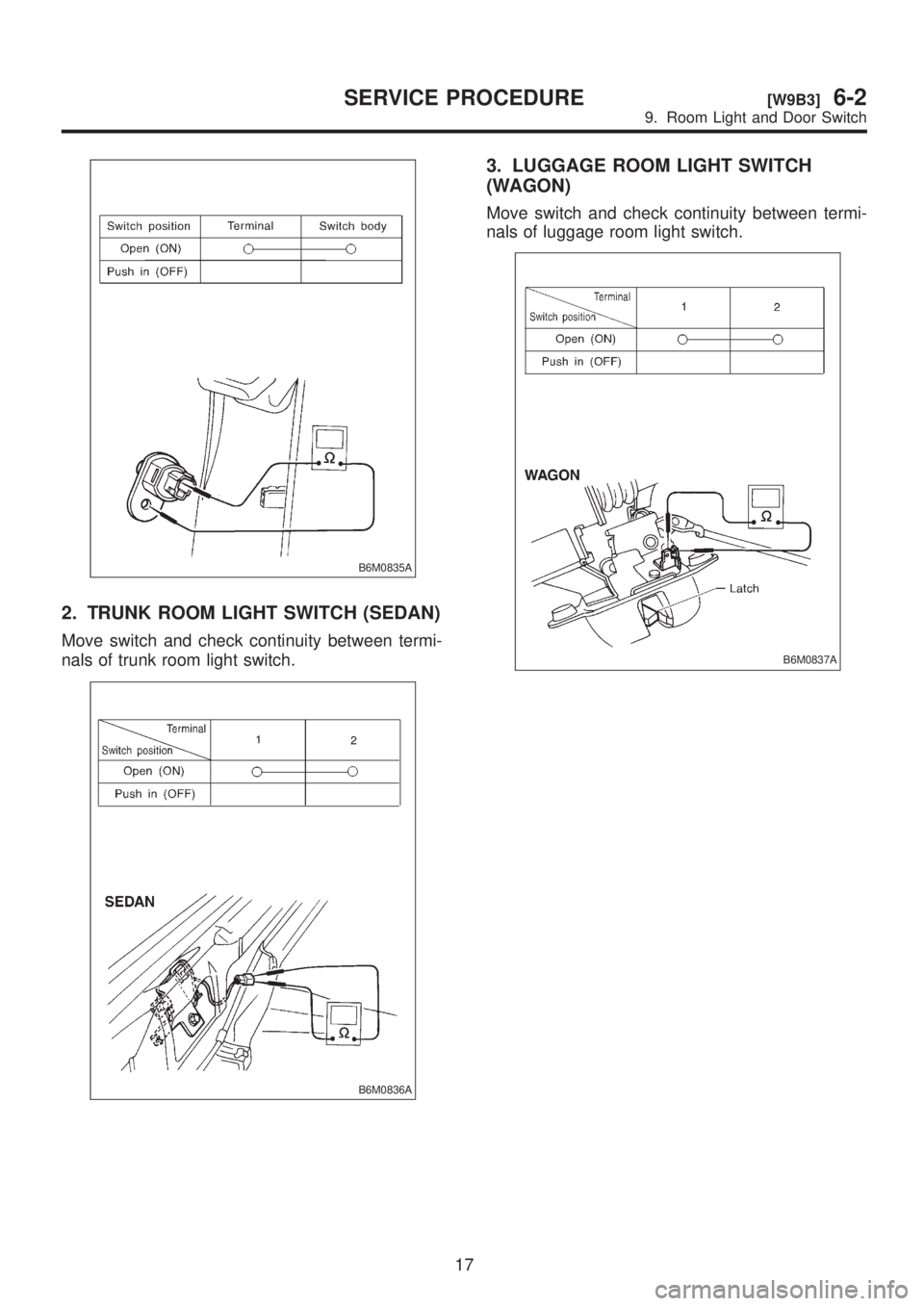 SUBARU LEGACY 1999  Service Repair Manual B6M0835A
2. TRUNK ROOM LIGHT SWITCH (SEDAN)
Move switch and check continuity between termi-
nals of trunk room light switch.
B6M0836A
3. LUGGAGE ROOM LIGHT SWITCH
(WAGON)
Move switch and check continu