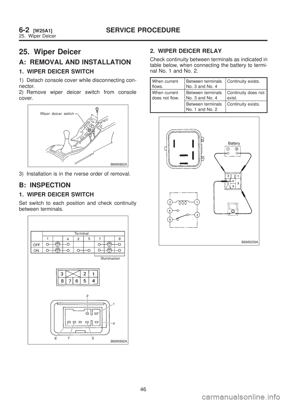 SUBARU LEGACY 1999  Service Repair Manual 25. Wiper Deicer
A: REMOVAL AND INSTALLATION
1. WIPER DEICER SWITCH
1) Detach console cover while disconnecting con-
nector.
2) Remove wiper deicer switch from console
cover.
B6M0862A
3) Installation 
