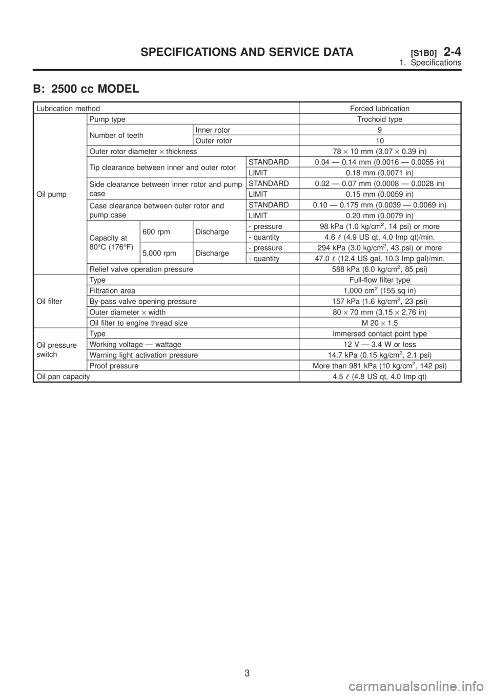SUBARU LEGACY 1999 Service Repair Manual B: 2500 cc MODEL
Lubrication methodForced lubrication
Oil pumpPump type Trochoid type
Number of teethInner rotor 9
Outer rotor 10
Outer rotor diameter´thickness 78´10 mm (3.07´0.39 in)
Tip clearanc SUBARU LEGACY 1999 Service Repair Manual B: 2500 cc MODEL
Lubrication methodForced lubrication
Oil pumpPump type Trochoid type
Number of teethInner rotor 9
Outer rotor 10
Outer rotor diameter´thickness 78´10 mm (3.07´0.39 in)
Tip clearanc