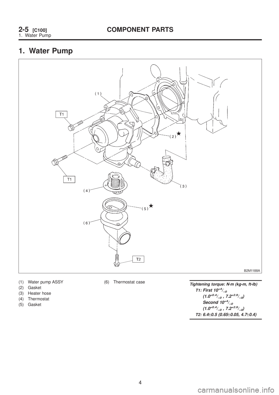 SUBARU LEGACY 1999  Service Repair Manual 1. Water Pump
B2M1188A
(1) Water pump ASSY
(2) Gasket
(3) Heater hose
(4) Thermostat
(5) Gasket(6) Thermostat caseTightening torque: N´m (kg-m, ft-lb)
T1:
First 10+4/þ0
(1.0+0.4/þ0, 7.2+2.9/þ0)
Se