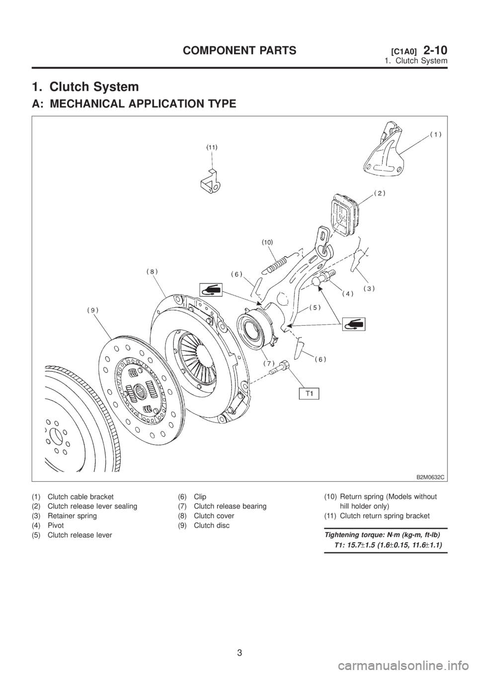 SUBARU LEGACY 1999  Service Repair Manual 1. Clutch System
A: MECHANICAL APPLICATION TYPE
B2M0632C
(1) Clutch cable bracket
(2) Clutch release lever sealing
(3) Retainer spring
(4) Pivot
(5) Clutch release lever(6) Clip
(7) Clutch release bea