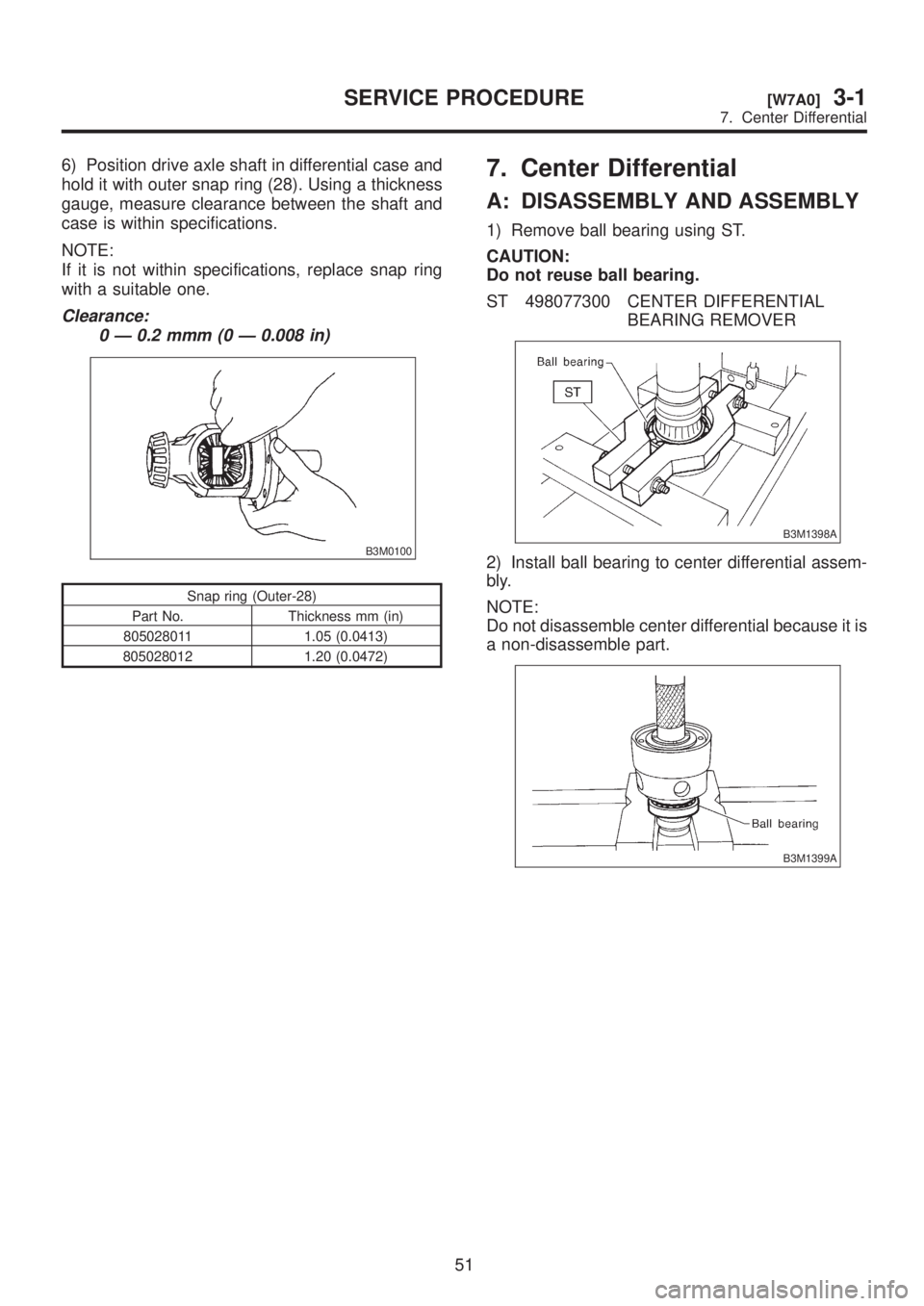 SUBARU LEGACY 1999  Service Repair Manual 6) Position drive axle shaft in differential case and
hold it with outer snap ring (28). Using a thickness
gauge, measure clearance between the shaft and
case is within specifications.
NOTE:
If it is 