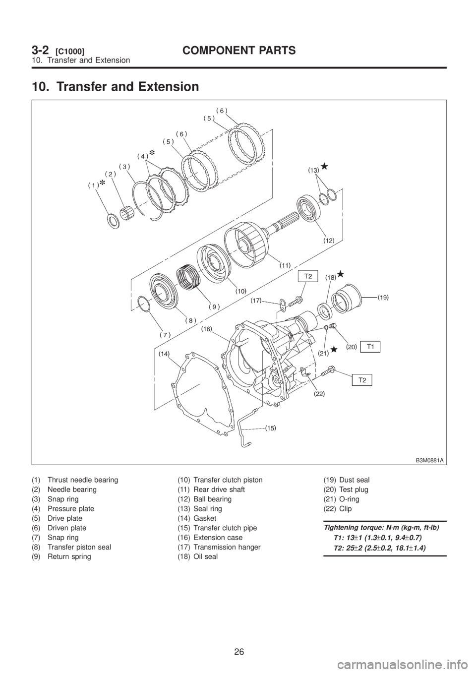 SUBARU LEGACY 1999  Service Repair Manual 10. Transfer and Extension
B3M0881A
(1) Thrust needle bearing
(2) Needle bearing
(3) Snap ring
(4) Pressure plate
(5) Drive plate
(6) Driven plate
(7) Snap ring
(8) Transfer piston seal
(9) Return spr