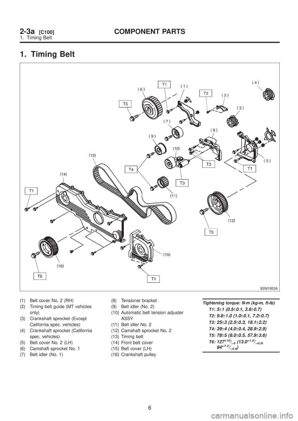 SUBARU LEGACY 1999  Service Repair Manual 1. Timing Belt
B2M1953A
(1) Belt cover No. 2 (RH)
(2) Timing belt guide (MT vehicles
only)
(3) Crankshaft sprocket (Except
California spec. vehicles)
(4) Crankshaft sprocket (California
spec. vehicles