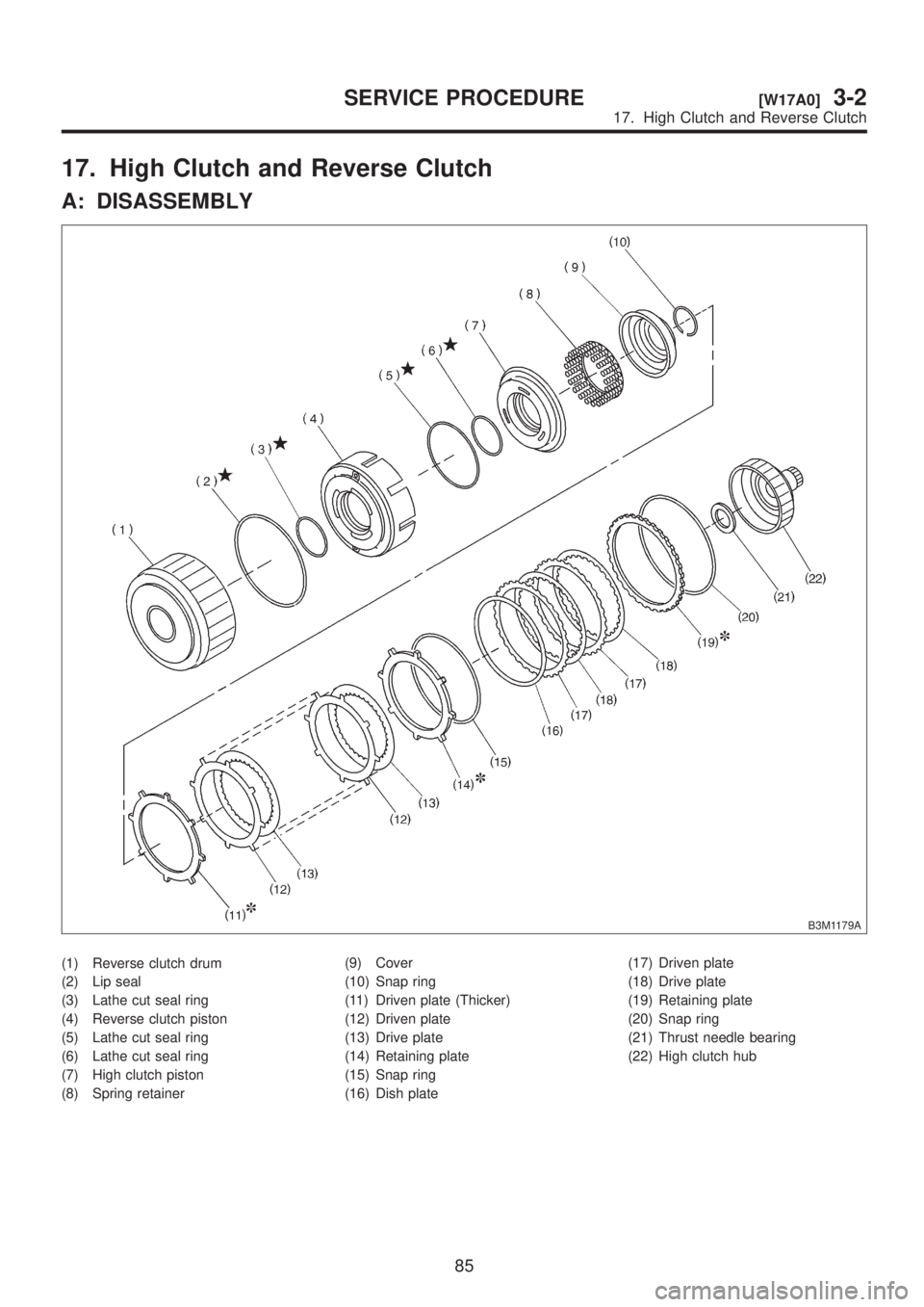 SUBARU LEGACY 1999  Service Repair Manual 17. High Clutch and Reverse Clutch
A: DISASSEMBLY
B3M1179A
(1) Reverse clutch drum
(2) Lip seal
(3) Lathe cut seal ring
(4) Reverse clutch piston
(5) Lathe cut seal ring
(6) Lathe cut seal ring
(7) Hi