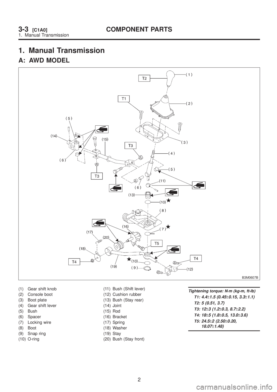 SUBARU LEGACY 1999  Service Repair Manual 1. Manual Transmission
A: AWD MODEL
B3M0607B
(1) Gear shift knob
(2) Console boot
(3) Boot plate
(4) Gear shift lever
(5) Bush
(6) Spacer
(7) Locking wire
(8) Boot
(9) Snap ring
(10) O-ring(11) Bush (