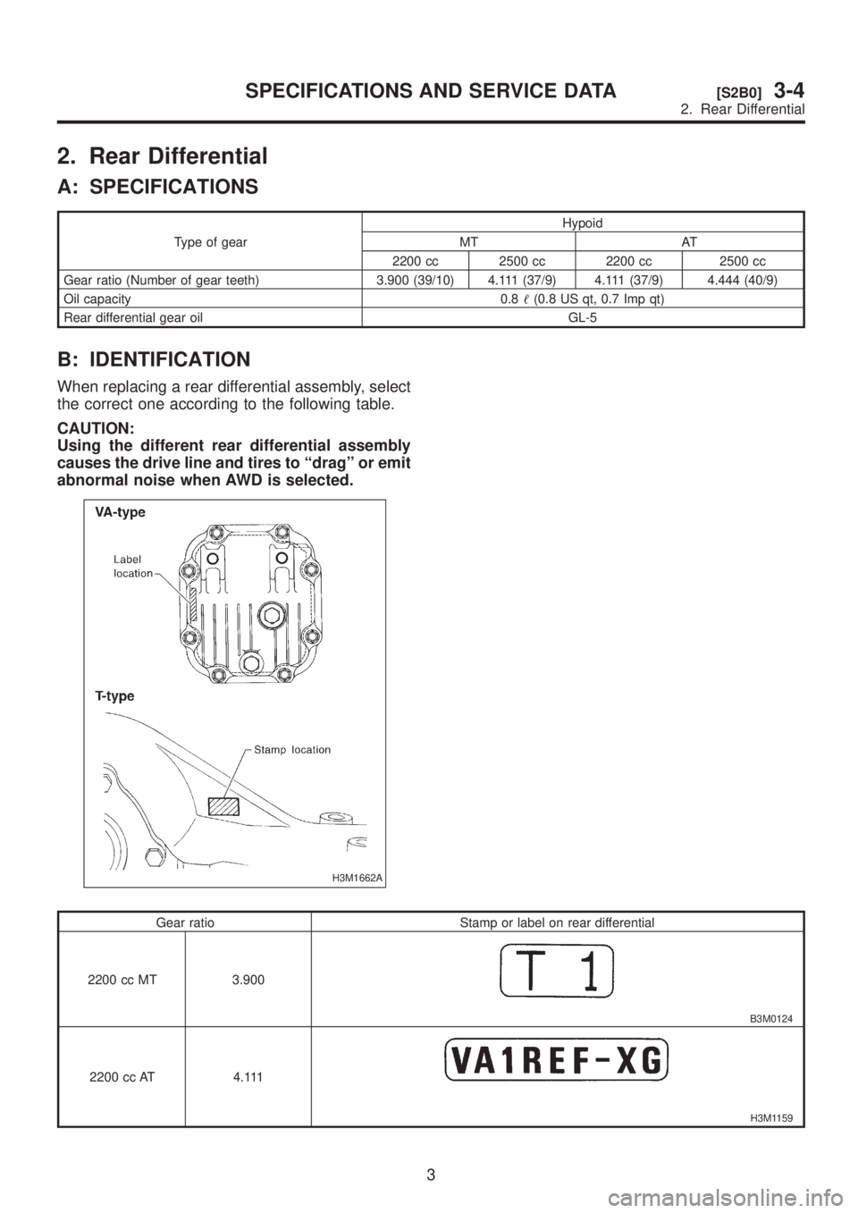 SUBARU LEGACY 1999  Service Repair Manual 2. Rear Differential
A: SPECIFICATIONS
Type of gearHypoid
MT AT
2200 cc 2500 cc 2200 cc 2500 cc
Gear ratio (Number of gear teeth) 3.900 (39/10) 4.111 (37/9) 4.111 (37/9) 4.444 (40/9)
Oil capacity 0.8