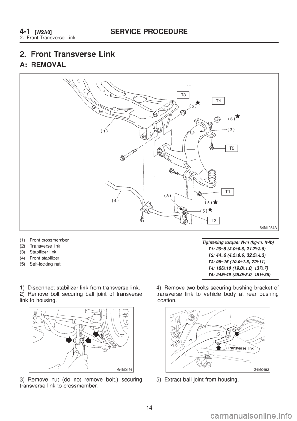 SUBARU LEGACY 1999  Service Repair Manual 2. Front Transverse Link
A: REMOVAL
B4M1084A
(1) Front crossmember
(2) Transverse link
(3) Stabilizer link
(4) Front stabilizer
(5) Self-locking nutTightening torque: N´m (kg-m, ft-lb)
T1:
29±5 (3.0